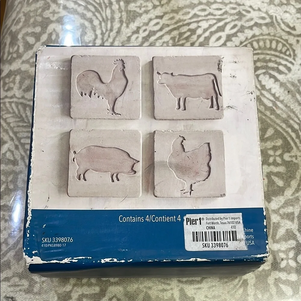 Pier 1 Imports Farm Animal Gray Coasters Set 4 cow chicken pig‎ rooster
